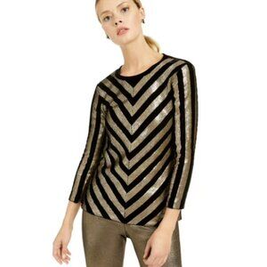 New INC Womens Medium Black Gold Sequin Velvet Chevron Long Sleeve Party Top